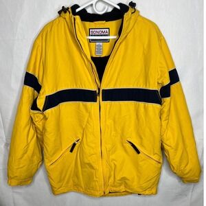 Vintage Sonoma Sport Mens Yellow Hooded Puffer Jacket Navy Stripe Full Zip Small